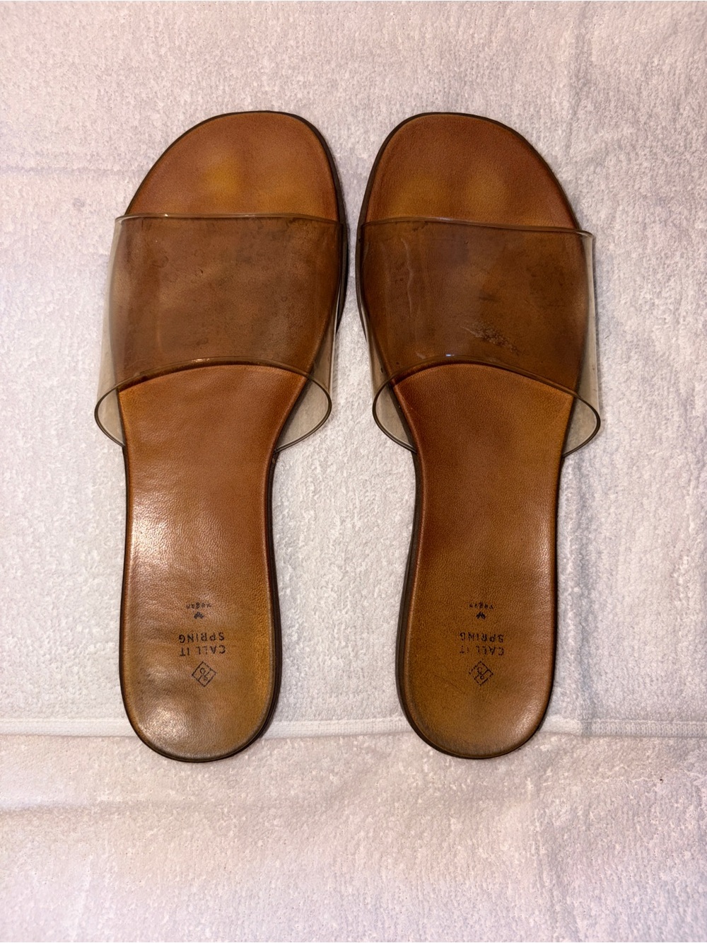 Call It Spring Brown Leather Slide Sandals with Clear Strap
